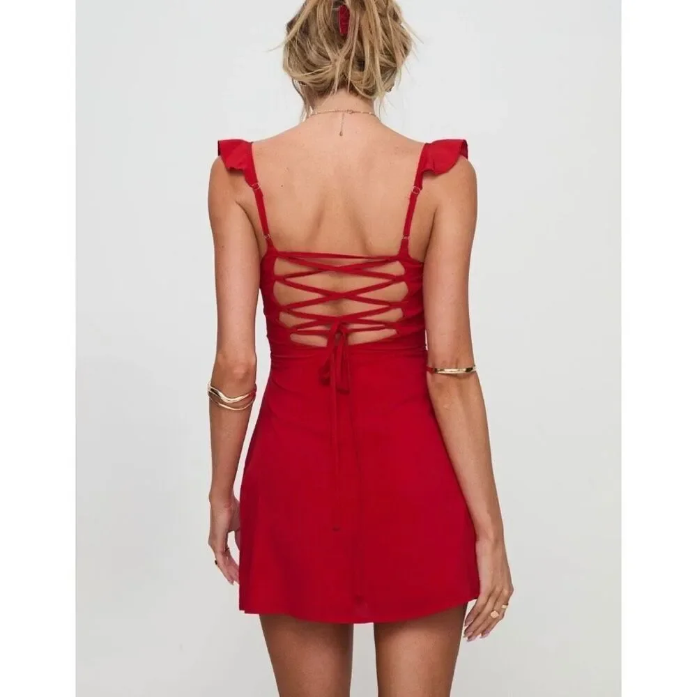 Princess Polly Landon Mini Dress 10 Red Corset Party Date Ruffle Boho Coquette